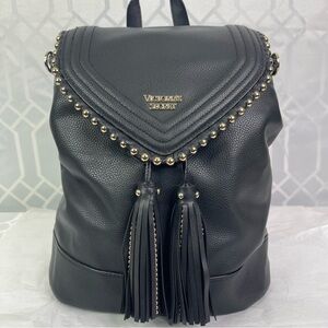 Victoria's Secret Black Studded Pebbled Faux Leather Drawstring Tassel Backpack